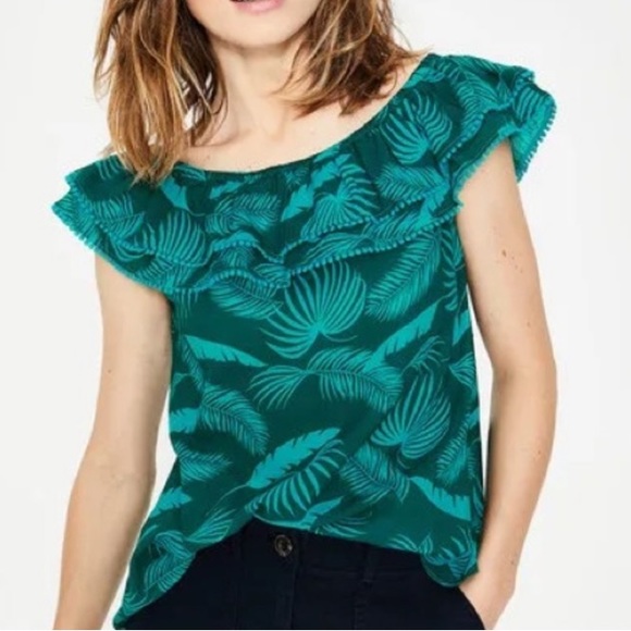 Boden Hettie Double Ruffle Pompom Top in Woodland Green Jungle Palm - 10 - Picture 2 of 15